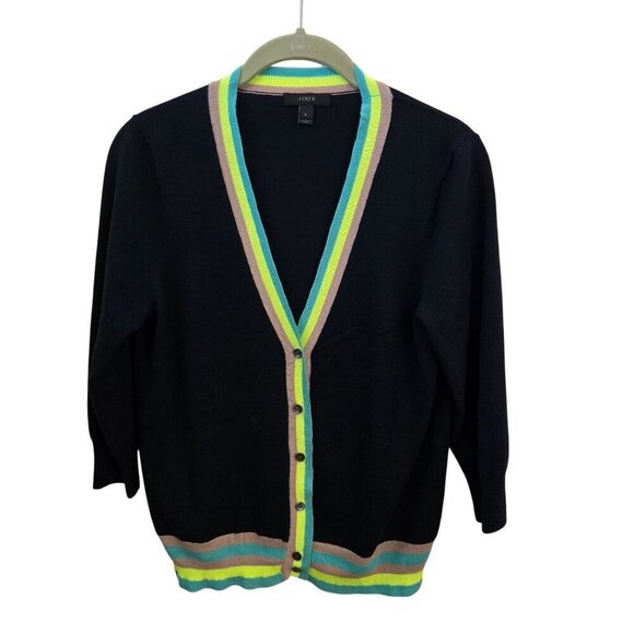 J.Crew Merino Wool Navy Neon Trim V Neck 3/4 Sleeve Cardigan Sweater Size S - Picture 2 of 6